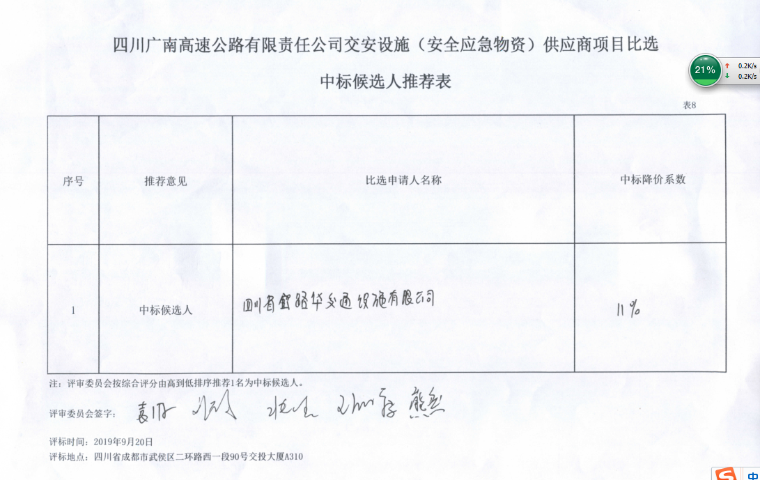 四川广南高速公路有限责任公司交安设施（安全应急物资）供应商项目比选中标候选人公示(图1)